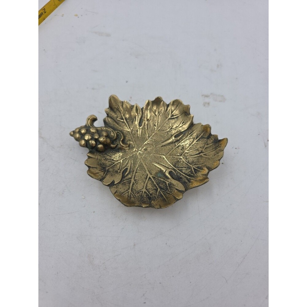 Vintage Solid Brass Leaf Shaped Trinket Dish Tray Grape Catchall Jewelry